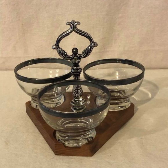 Vintage Distinguished Gifts MCM Silver Rimmed Glass/Wood Condiment Caddy Holder - Picture 2 of 10
